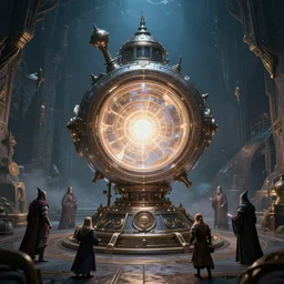 teleportation machine in a fantasy world, with wizards and warriors using it, the machine is a large metal contraption with a bright light in the center