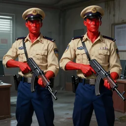 security officers from with glowing red skin in vintage beige uniforms and caps with blue pants holding submachine guns in a brutalist office setting trending on artstation digital painting 4 k sharp detail clear accurate high quality