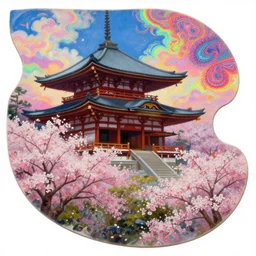 [ style ] [ sharp details ] [ gorgeous oil painting ] [ palate ] [ gothic colors ] a japanese temple with many cherry blossoms, vibrant paisley neon clouds, radiant light rays, symmetrical details, sharp focus,, hyper realistic, photorealistic painting, award winning painting, volumetric lighting, renaissance style, artstation,