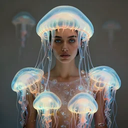 a medium shot of a brown woman wearing a luminous armor made of neon jelly fishes. jellyfish eyes. soft lighting. layered. textured. fragile. piercing eyes!! coherent face!! no makeup!! muted colors. by ray caesar. by louise dahl - wolfe. by andrea kowch. surreal photography
