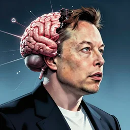 elon musk's brain fracturing from the inside out as he is killed by artificial intelligence he himself created, epic comicbook concept art