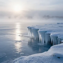 A realistic detailled photo of a beautiful lanscape, ice, light reflections, snow, ice cones, frozen fog, foggy landscape, detailled light, realistic shaders, trending on artisation, detailed textures, detailed, realistic, trending on artisation, trending on realism.