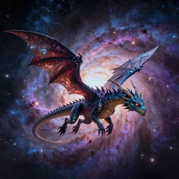 an alien dragon flying in outer space, epic nebula, Dan Seagrave art