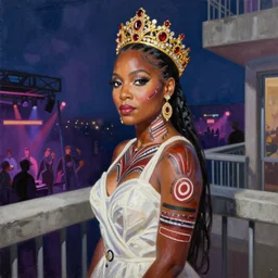 palette knife oil painting portrait of mary j blige, a queen - with gold tiara with rubies and diamonds, woman in white dress and australian aboriginal body paint, concrete balcony, nightclub, artstation trending, artgerm, any racial background, deviant art, hipster, octane, substance, art history 8 k