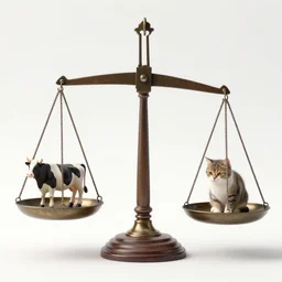 set of balance scales with weights, libra symbol, one cow in one dish and one cat in other dish
