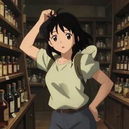 anime frames, anime visual, portrait of a young female traveler in a apothecary potion shop interior shopping, very low light cute face by ilya kuvshinov and yoh yoshinari, katsura masakazu, mucha, dynamic pose, dynamic perspective, strong silhouette, anime cels, rounded eyes, smooth facial features, contrasting shadows
