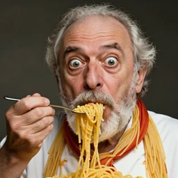 extremely detailed portrait of old italian cook, lazy eyes, spaghetti mustache, slurping spaghetti, spaghetti in the nose, spaghetti hair, spaghetti beard, huge eyes, surprised, shocked, scarf made from spaghetti, full frame, award winning photo by letizia battaglia
