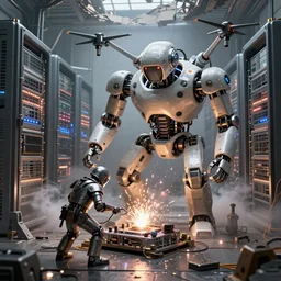 blender gloomy colossal ruined server room in datacenter robot figure automata headless drone robot knight welder posing pacing fixing soldering mono sharp focus, emitting diodes, smoke, artillery, sparks, racks, system unit, motherboard, by rutkowski artstation hyperrealism cinematic dramatic painting concept art of detailed character design matte painting