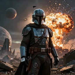 dramatic mandalorian with backlight by beksinski on a background with destroyed planets and atomic bomb explosion