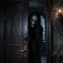 a ugly scary figure looking trough the side of a door inside the interior of a dark haunted mansion