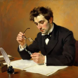 handsome man takes his glasses off, at a writing desk, quill and ink nearby, warm colors, hard angles, painting by gaston bussiere, craig mullins, j. c. leyendecker