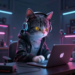 funky cyberpunk cat in headphones listen to some music, using laptop, extremely detailed, sharp focus, wide view, full body shot, smooth, digital illustration, by james jean, by rossdraws, frank franzzeta, mcbess, sakimichan, brosmin, danton fadeev, steve simpson