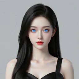 complex 3 d render, ultra detailed, realistic headshot portrait of a beautiful porcelain skin woman, oval face, black long hair, wearing black dress, detailed blue eyes, round catchlights, red plump lips, beautiful, studio portrait, proportional,