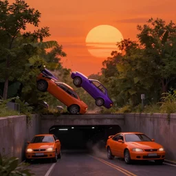 tornado of orange and purple cars coming from underground and falling on trees under dark orange sun, in style of realistic, trending on artstation
