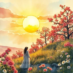 the sun. beautiful, realistic painting by mucha and kuvshinov and bilibin. watercolor, thick lining, manga, soviet realism, comics