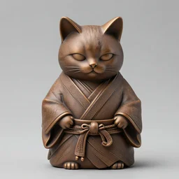 elegant anthropomorphic cat figurine wearing a kimono, brown resin, toggles, very highly detailed, intricate, monotone, shy looking down