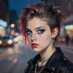 detailed portrait of a punk girl with blue eyes in the city street at night, bokeh, long exposure, painting by jason shawn alexander christopher doyle