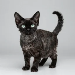 high quality photograph of a black furred silly looking devon rex purebred cat.