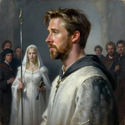 ryan gosling profile painting portrait, imogen poots as cleric paladin, luminescent, cinematic, by thomas blackshear, craig mullins, greg manchess, raymond swanland, anders zorn, bayard wu, huang guangjian, greg rutkowski, jesper ejsing