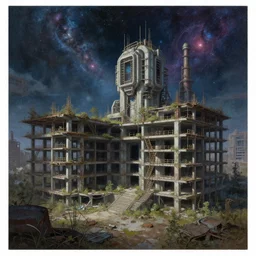 a beautiful detailed painting of building nature industrial architecture unfinished building urbex abandoned city game room architecture by marina tabassum, cosmic galactic cyberpunk sci - fi alien dieselpunk nightsky, archdaily, wallpaper, highly detailed, trending on artstation.