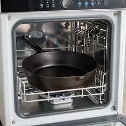 zoomed-out image of a dish-washing machine with a cast-iron skillet inside of a dish washing machine, highly detailed, high quality, HD, 4k, 8k, Canon 300mm, professional photographer, 40mp, lifelike, top-rated, award winning, realistic, sharp, no blur, edited, corrected, trending