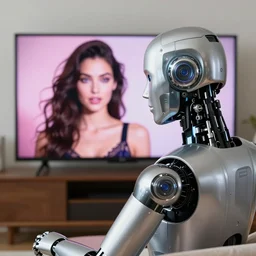 realistic portrait of a silver robot is watching tv in front of the tv and the tv displays one victoria's secret model and the robot's face is partially morphed into an copy of the model, realistic, 4 k