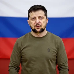 zelensky against the background of the russian flag, a clear photo in color