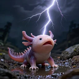 shocked Axolotl hit by lightning from the sky in a small puddle, dramatic, dark, fantasy, digital art, hyperrealistic, Greg Rutkowski, Trending on Artstation, highly detailed