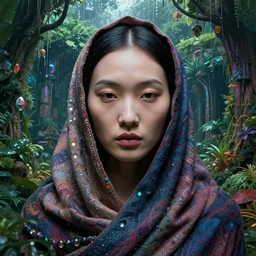 detailed face of a chinese woman clothed wrapped in textiles, lush, opulent, walled garden, utopian, tech noir, wet reflections, prism, atmospheric, ambient, pj crook, syd mead, livia prima, artgerm, greg rutkowski, nick alm, casey baugh