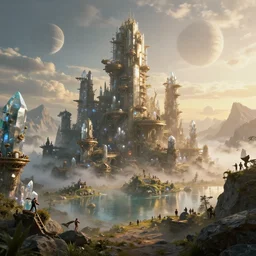 giant steampunk city with many people on a epic crystalline forest with a lake, golden hour, misty ground, rocky ground, distant mountains, atmospheric perspective, altostratus clouds, planets, cinematic, 35mm lens, anamorphic lens flare, photographic, octane render, cinematography by roger deakins, in the style of ansel adams, 8k
