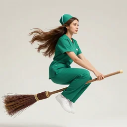 a nurse with long brown hair and wearing green scrub nurse uniform riding on a broomstick like a witch