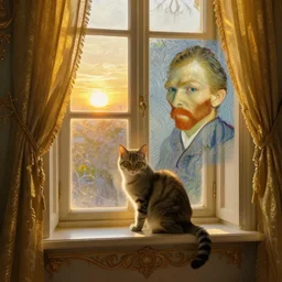 a small cat on a small windowsill at sunrise, studio lighting, golden ratio, details, masterpiece, fine art, intricate, decadent, ornate, highly detailed, digital painting, octane render, ray tracing reflections, 8 k, artstation, concept art, smooth, sharp focus, illustration, art by claude monet and vincent van gogh and van eyck