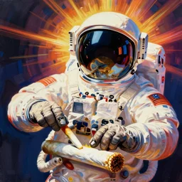 pop art of an astronaut rolling a joint