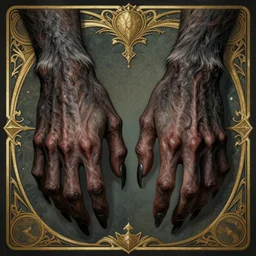 a detailed werewolf hands, by greg rutkowski and justin gerard, digital art, monstrous, art nouveau, baroque style, realistic painting, very detailed, fantasy, dnd, character design, trending on artstation