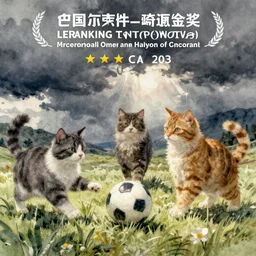 illustration cats playing football,  detailed watercolor drawing