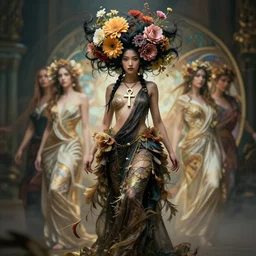 a full body shot of an asian valkyrie flowers in hair by emile munier, artgerm, dynamic lighting, ray tracing, tom bagshaw, alphonse mucha, donata giancola, mary jane ansell, ankh necklace, atmosphere, realism, octane render, dof, hyperdetailed, 8 k