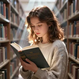 a girl with brown hair in a library holding a book tightly trending on artstation artstation hq artstation hd digital art wlop artgerm greg rutkowski alphonse mucha gaston bussiere chroma rim lighting rays of shimmering lights god rays lens flare flare intricate cgsociety contest winner award winning art 3 2 k