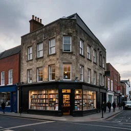 a multistory bookshop, 85mm dslr photo by Malcolm Morley, featured on cg society, arts and crafts movement, national geographic photo, streetscape, atmospheric, early evening, cloudy