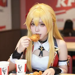 portrait photo still of real life lucina!!!! ( fire emblem ) eating chicken in a kfc!!, 8 k, 8 5 mm f 1. 8