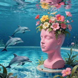 tim hildebrandt, trending on artstation, highly detailed, vaporwave surreal ocean, dolphins, pool, checkerboard pattern underwater, cuastics, award winning masterpiece with incredible details, artstation, a surreal vaporwave vaporwave vaporwave vaporwave vaporwave painting by thomas cole of an old pink mannequin head, flowers growing out of its head, sinking underwater, highly detailed