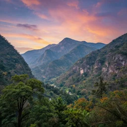 a photorealistic portrait, stunningly beautiful colorful fantasy landscape, professionally retouched, soft lighting, hyper realistic, big mountains, trees, trees in foreground, beautifully colorful detailed sky, wide angle, sharp focus, 8 k high definition, 6 4 megapixels, insanely detailed, stunningly beautiful