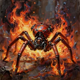 beautiful oil painting with high detail of a mech spider robot from dungeons and dragons and art direction by James Cameron ;by artgerm; wayne reynolds art station; cinematic quality character action render; ultra high quality model; production quality cinema model; flaming plasma aesthetic