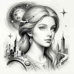 a sketch drawing, ultra detailed, portrait, mystical travel, magic, universe, beautiful woman, surreal city, trending on artstation