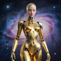 maria of metropolis, the golden humanoid robot, beautiful face, full body view, scifi, futuristic, galaxy, nebula, raytracing, dreamy, blue cyborg eyes, sharp focus, cinematic lighting, highly detailed, artstation, divine, by gauthier leblanc, kazuya takahashi, huifeng huang