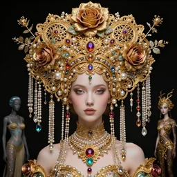 a  fairy lady who has rococo dramatic headdress with baroque intricate fractals of roses and colorful pearls tassels made of crystal,by Virginie Ropars and Billelis and aaron horkey and Nekro and peter gric,artstation,hyperreal,jewelry,gold,maximalist
