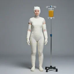 photo of peachsaliva in a full - body cast with an iv full of mustard