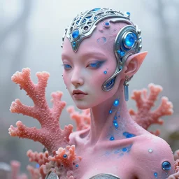 natural light, soft focus portrait of a cyberpunk anthropomorphic coral with soft synthetic pink skin, blue bioluminescent plastics, smooth shiny metal, elaborate ornate head piece, piercings, skin textures, by annie leibovitz, paul lehr