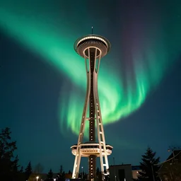 vivid and beautiful aroura northern lights iabove space needle, film long exposure fuji wide angle national geographic