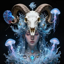 goddess macro shouler portrait from bottom to top in crown made of ram skull. betta fish, jellyfish phoenix, bioluminiscent, plasma, ice, water, wind, creature, super intricate ornaments artwork by tooth wu and wlop and alex prager and greg rutkowski