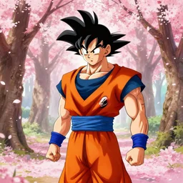 Goku samurai in a spring forest full of pink petals, digital art, HDR, By Thomas Kinkade